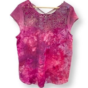 Tie dye top burnout floral cross strap peekaboo back XL pink purple galaxy